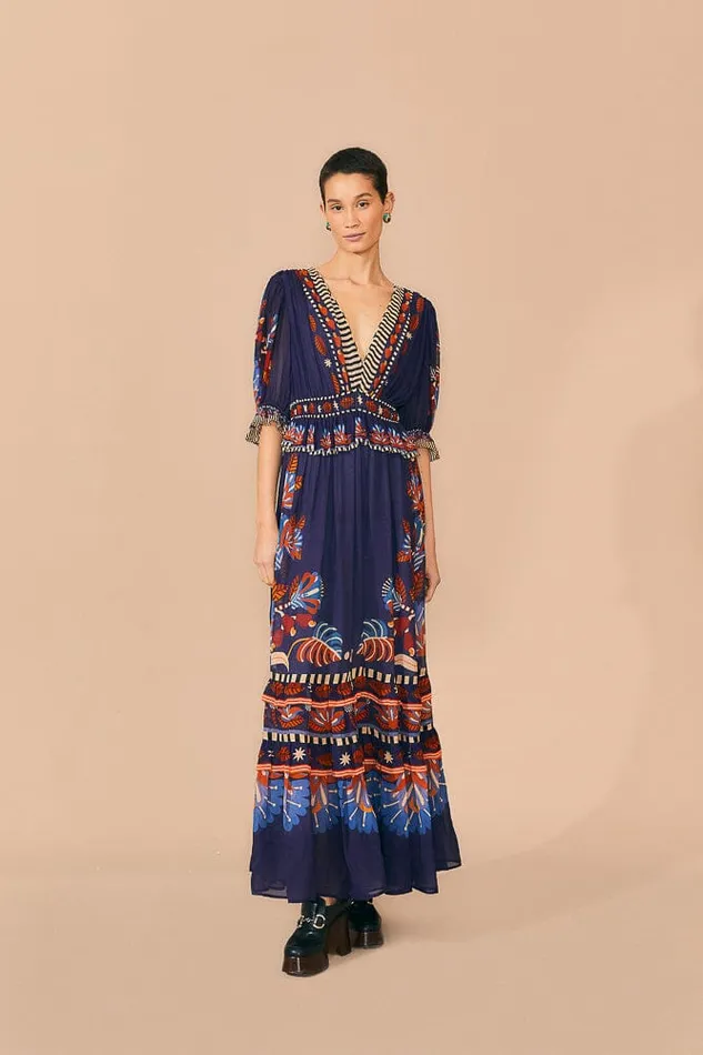 Maxi Dresses Women FARM Rio Blue Nature Beauty Short Sleeve Maxi Dress