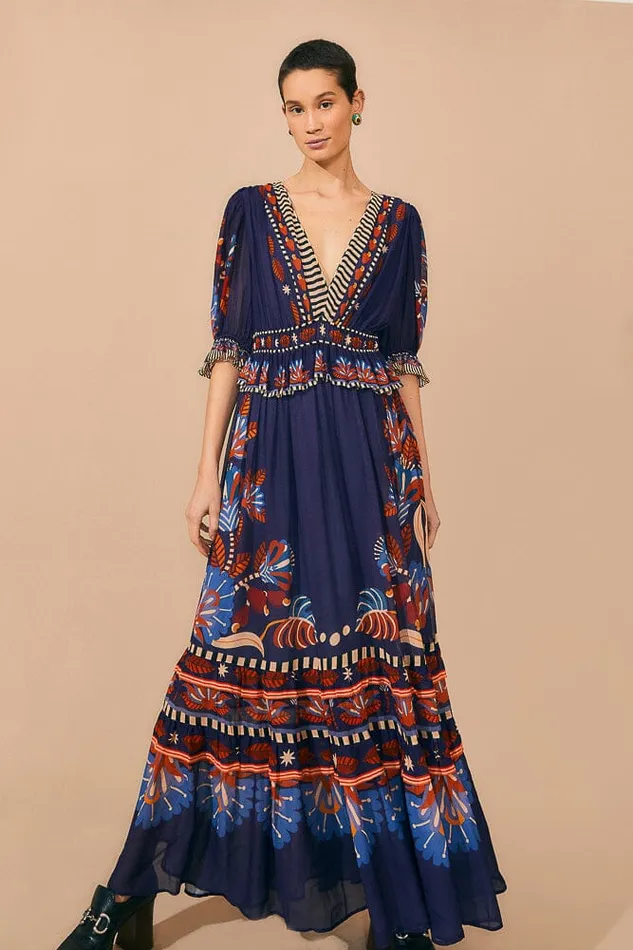 Maxi Dresses Women FARM Rio Blue Nature Beauty Short Sleeve Maxi Dress