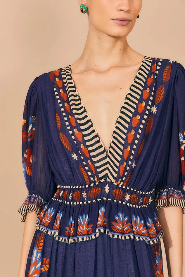 Maxi Dresses Women FARM Rio Blue Nature Beauty Short Sleeve Maxi Dress