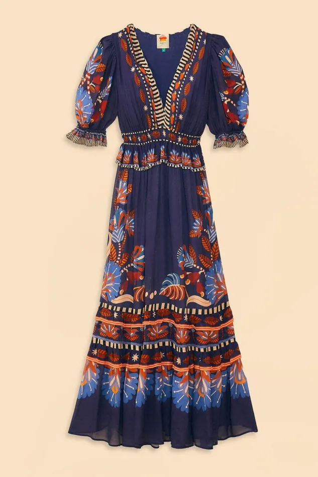Maxi Dresses Women FARM Rio Blue Nature Beauty Short Sleeve Maxi Dress
