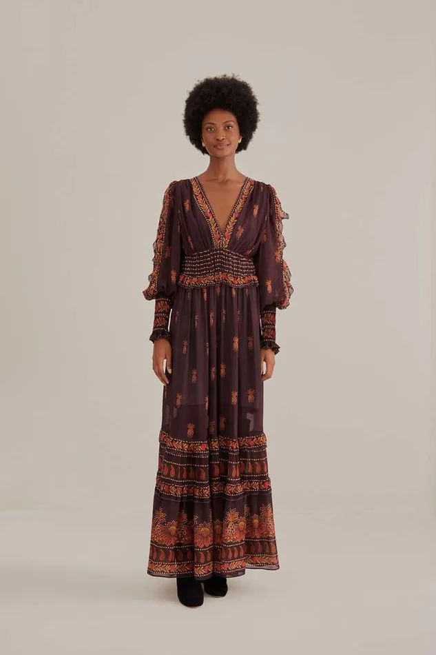 Maxi Dresses Women FARM Rio Brown Paisley Bloom Long Sleeve Maxi Dress