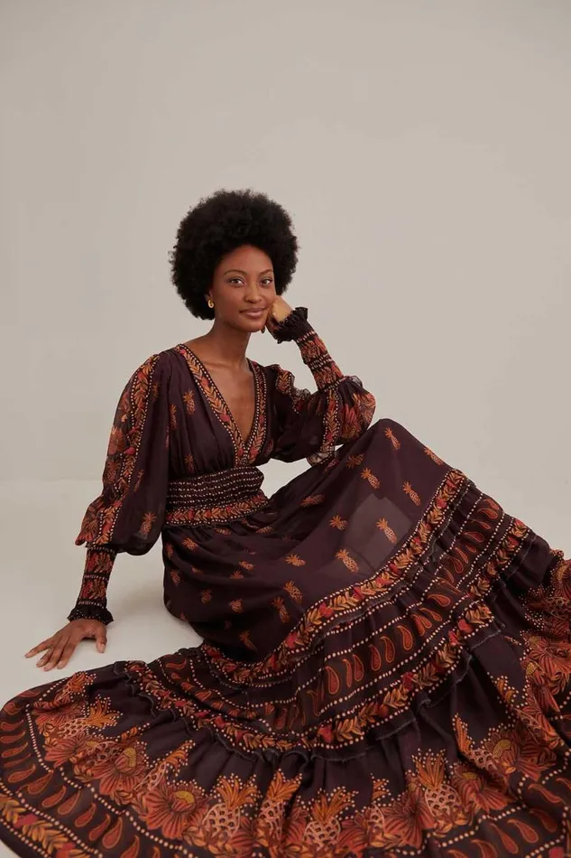 Maxi Dresses Women FARM Rio Brown Paisley Bloom Long Sleeve Maxi Dress