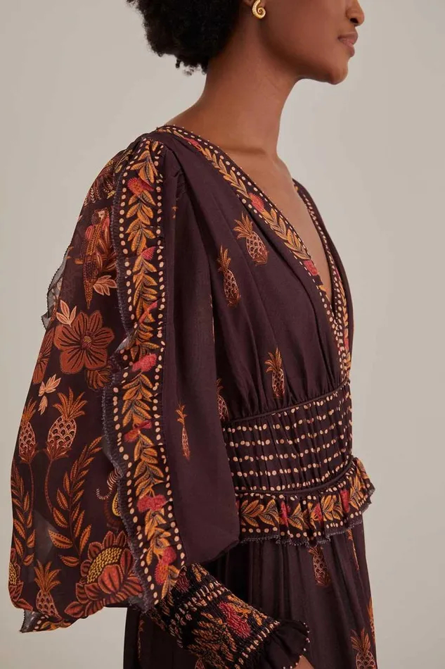 Maxi Dresses Women FARM Rio Brown Paisley Bloom Long Sleeve Maxi Dress