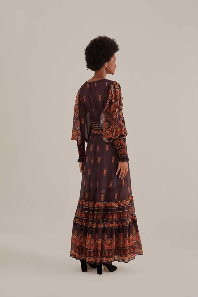 Maxi Dresses Women FARM Rio Brown Paisley Bloom Long Sleeve Maxi Dress