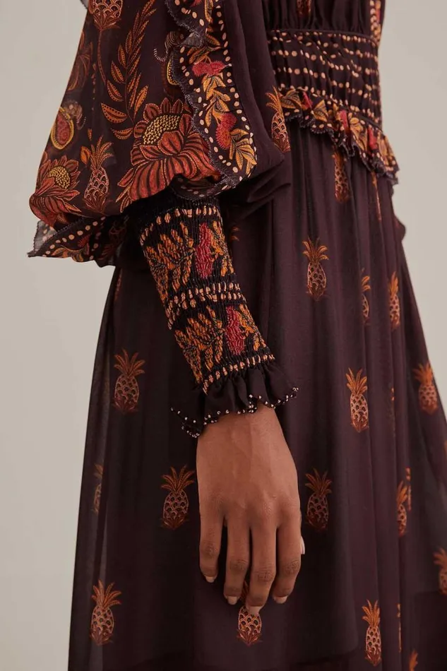 Maxi Dresses Women FARM Rio Brown Paisley Bloom Long Sleeve Maxi Dress