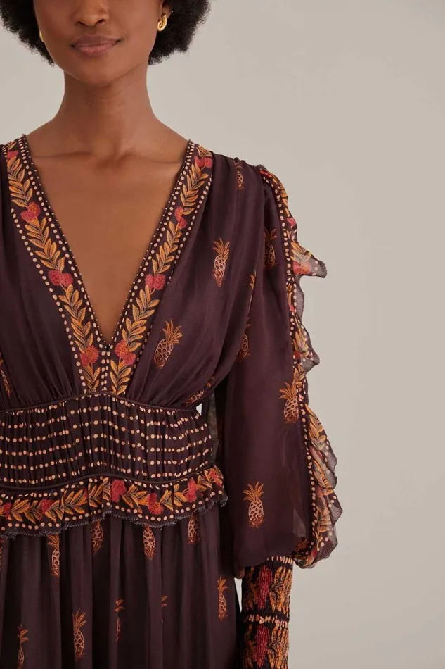 Maxi Dresses Women FARM Rio Brown Paisley Bloom Long Sleeve Maxi Dress