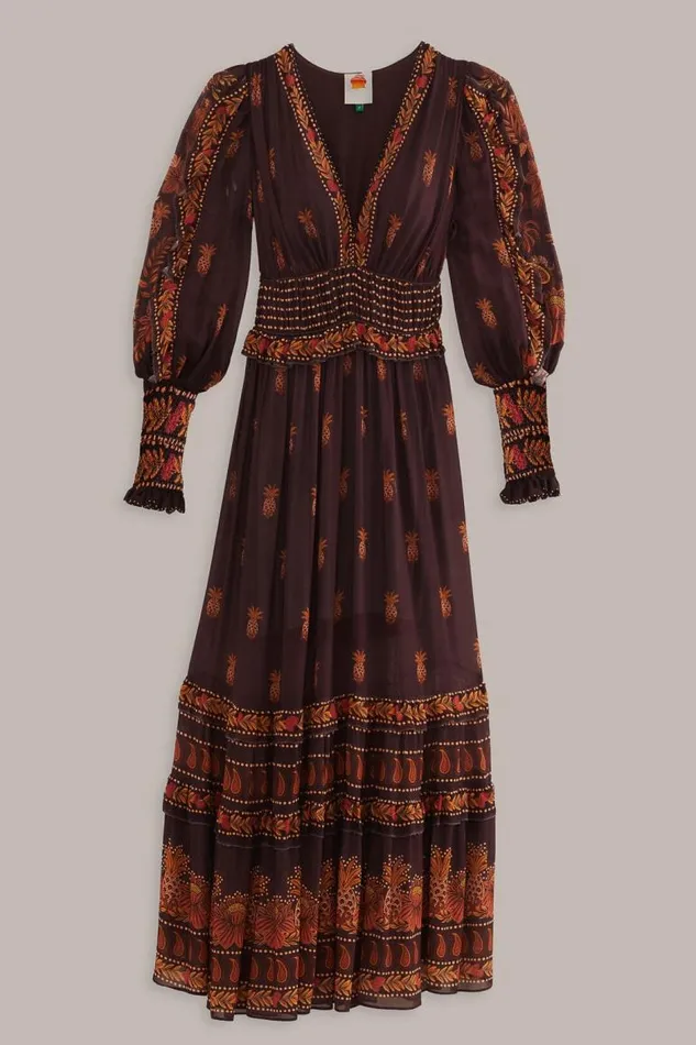 Maxi Dresses Women FARM Rio Brown Paisley Bloom Long Sleeve Maxi Dress