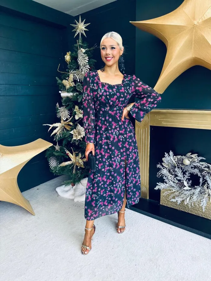 Meabh Square Neck Midi Dress Floral Black Womens Canella Lane Evening Dress