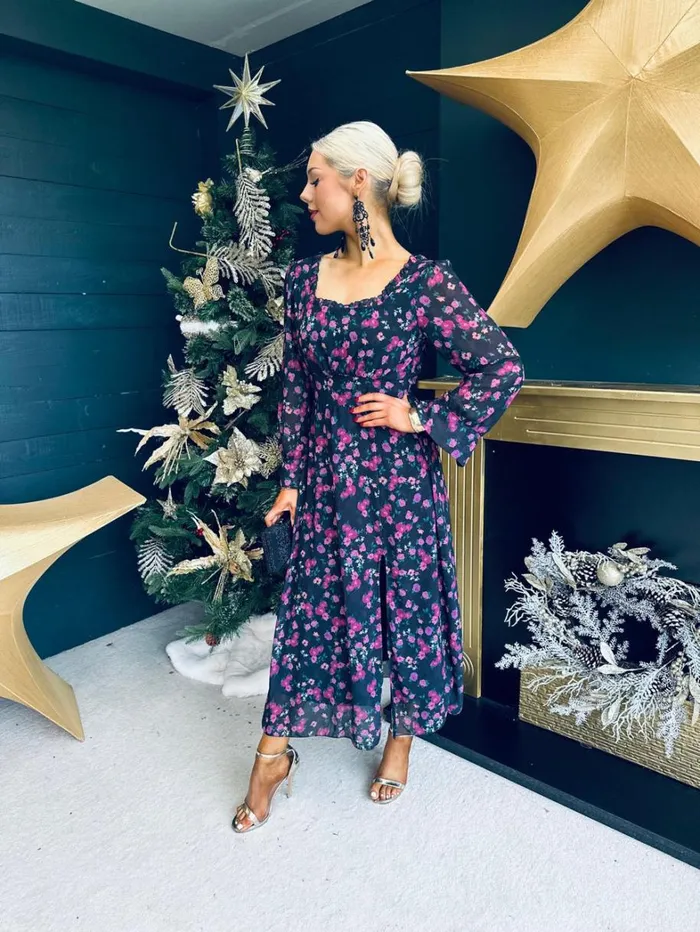 Meabh Square Neck Midi Dress Floral Black Womens Canella Lane Evening Dress