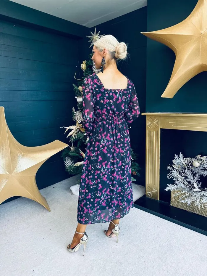 Meabh Square Neck Midi Dress Floral Black Womens Canella Lane Evening Dress