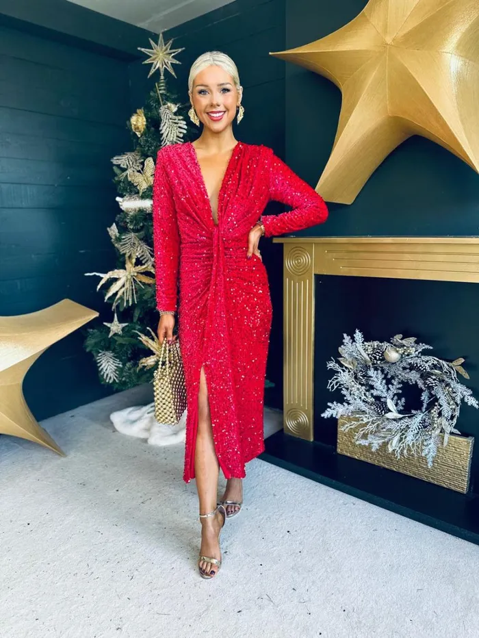 Meghan Plunge Sequin Midi Dress Red Womens Canella Lane Evening Dress