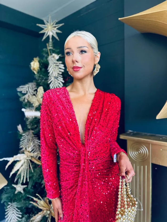 Meghan Plunge Sequin Midi Dress Red Womens Canella Lane Evening Dress