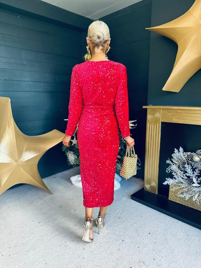 Meghan Plunge Sequin Midi Dress Red Womens Canella Lane Evening Dress