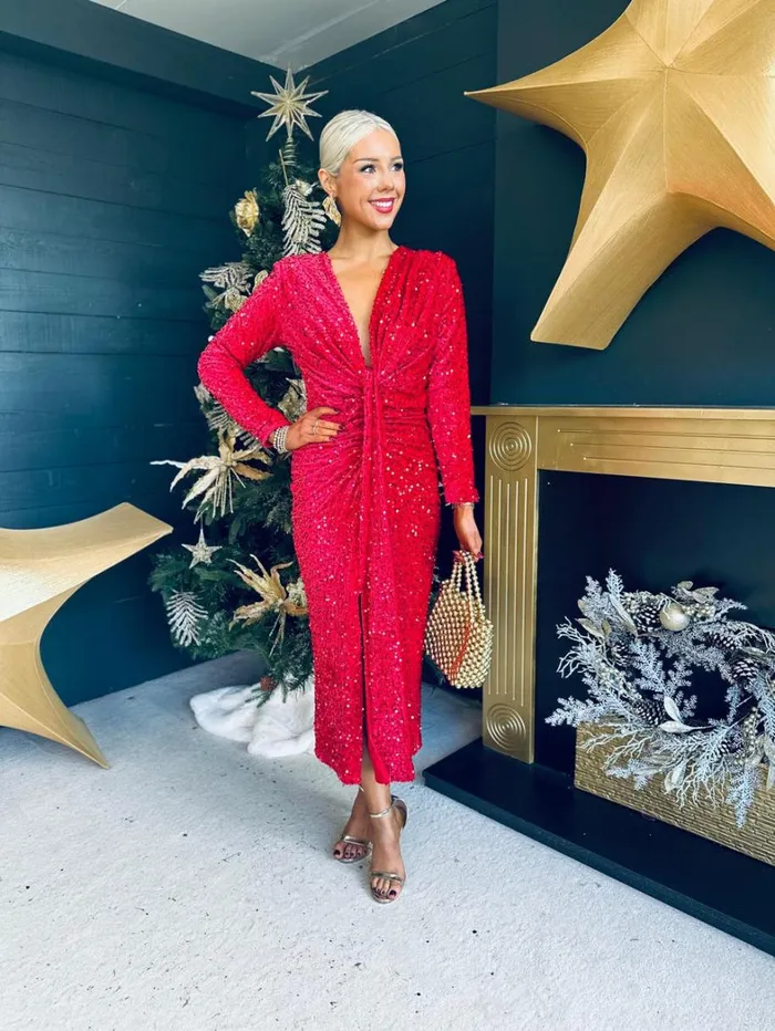 Meghan Plunge Sequin Midi Dress Red Womens Canella Lane Evening Dress