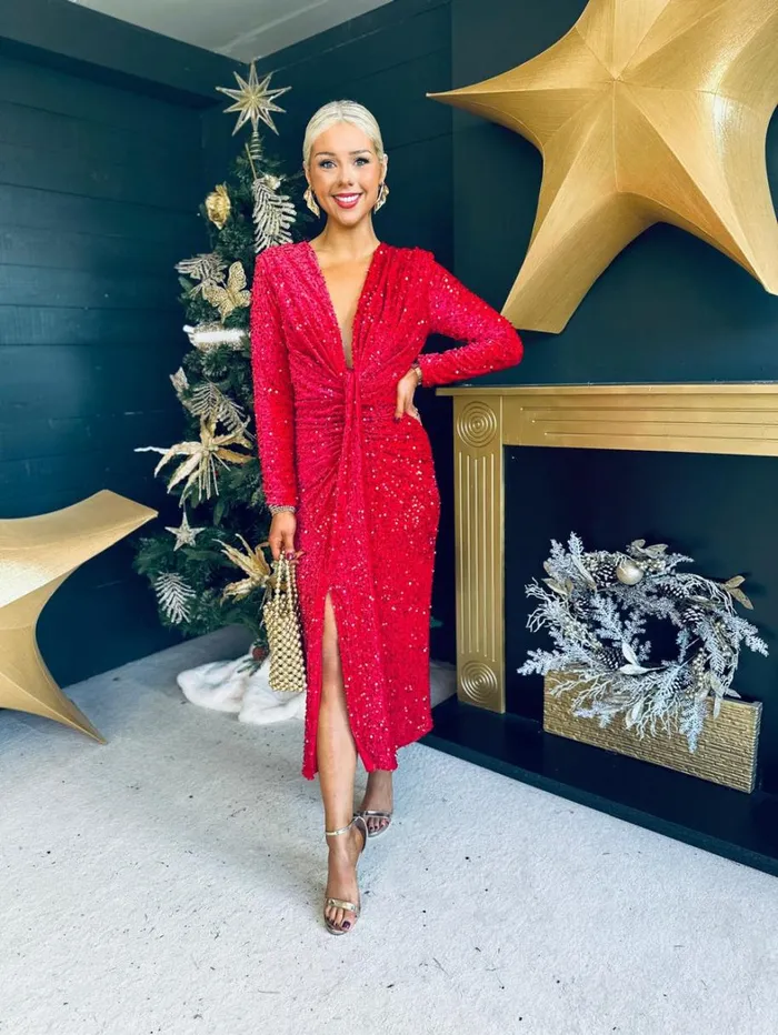 Meghan Plunge Sequin Midi Dress Red Womens Canella Lane Evening Dress