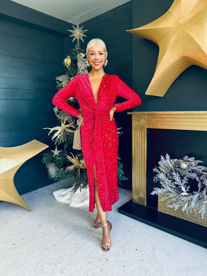 Meghan Plunge Sequin Midi Dress Red Womens Canella Lane Evening Dress