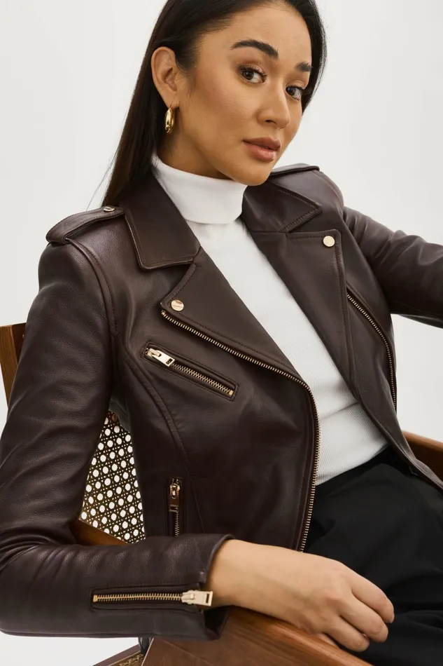 Mellie Leather Biker Jacket Mahogany Women Lamarque LEATHER JACKETS