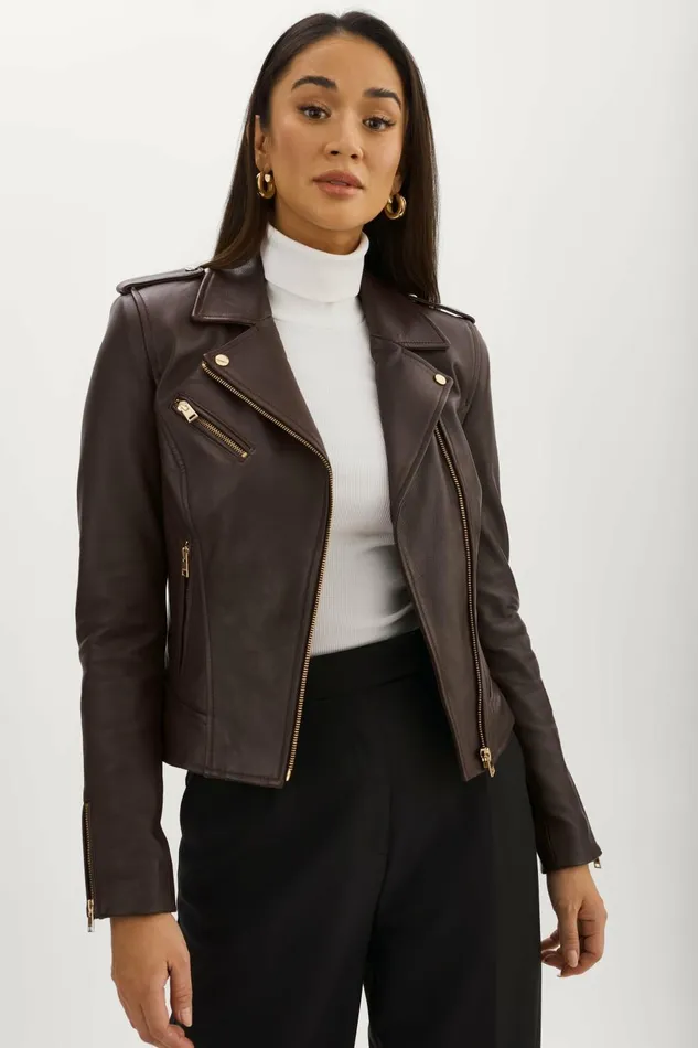 Mellie Leather Biker Jacket Mahogany Women Lamarque LEATHER JACKETS