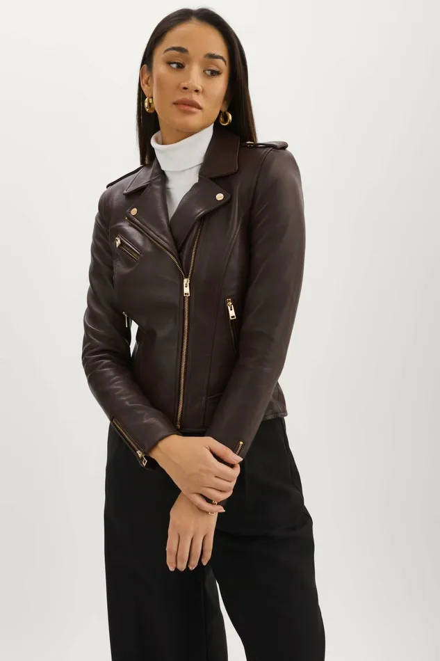 Mellie Leather Biker Jacket Mahogany Women Lamarque LEATHER JACKETS