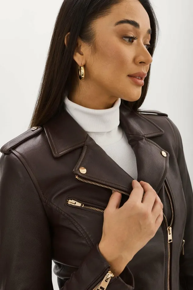 Mellie Leather Biker Jacket Mahogany Women Lamarque LEATHER JACKETS