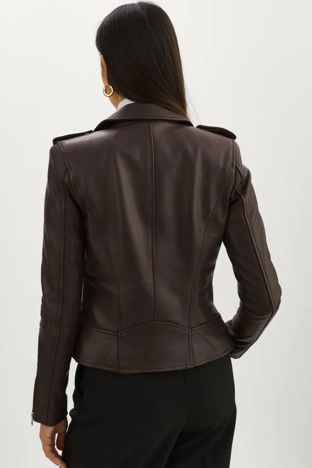 Mellie Leather Biker Jacket Mahogany Women Lamarque LEATHER JACKETS