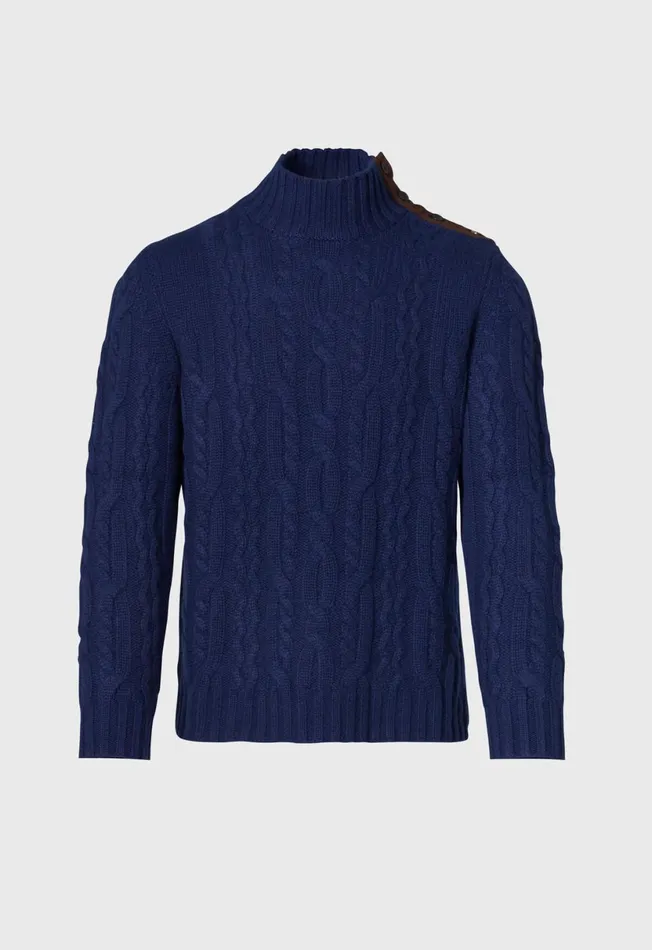 Men All Over Cable Mock Neck Sweater Marine Blue Paul Stuart Sweaters