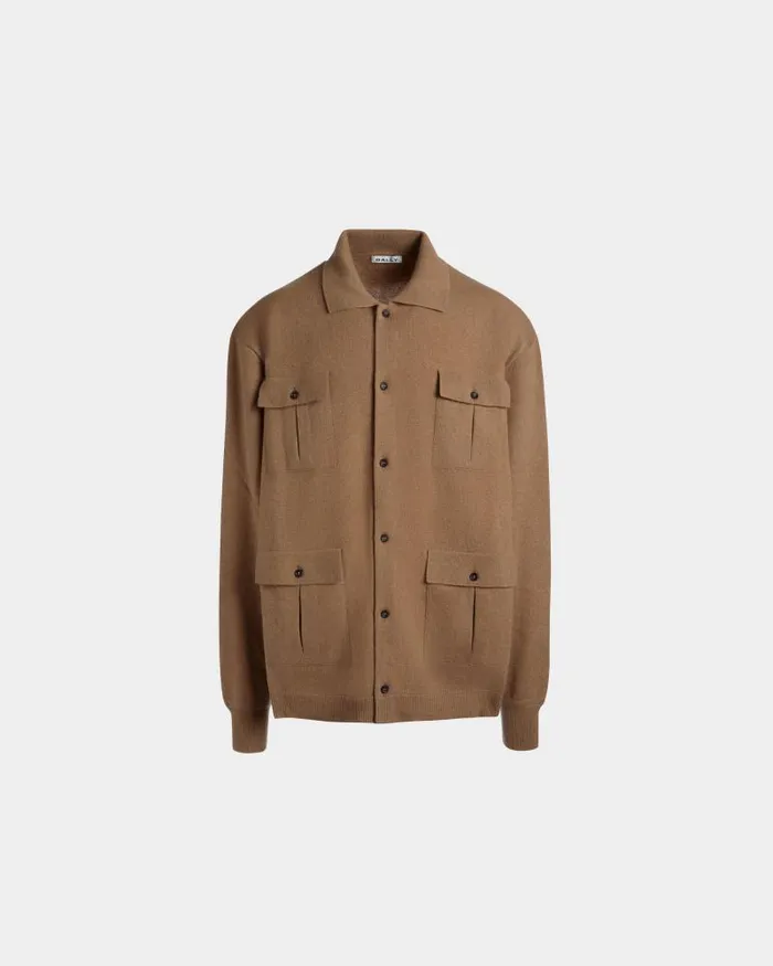 Men Bally Knitwear Long Sleeve Shirt With Logo In Brown Cashmere Brown
