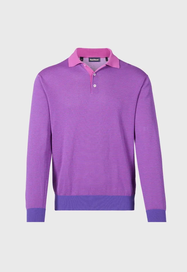 Men Cotton Stripe Long Sleeve Polo Navy Paul Stuart Polos and TShirts