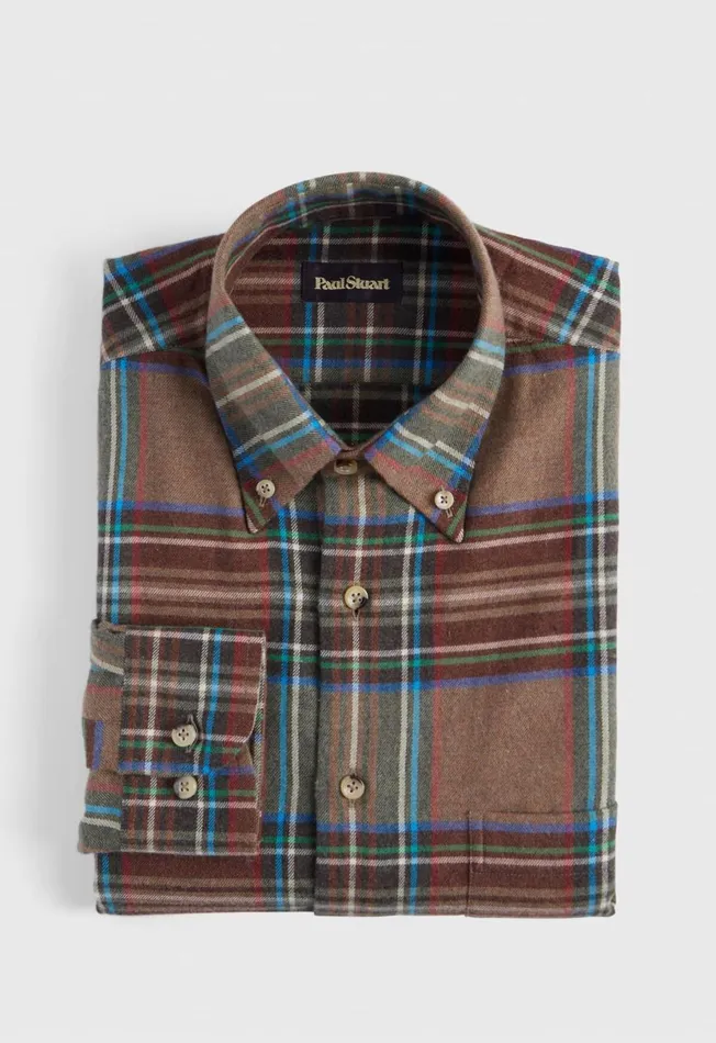 Men Exaggerated Plaid Flannel Sport Shirt Brown Paul Stuart Sport Shirts