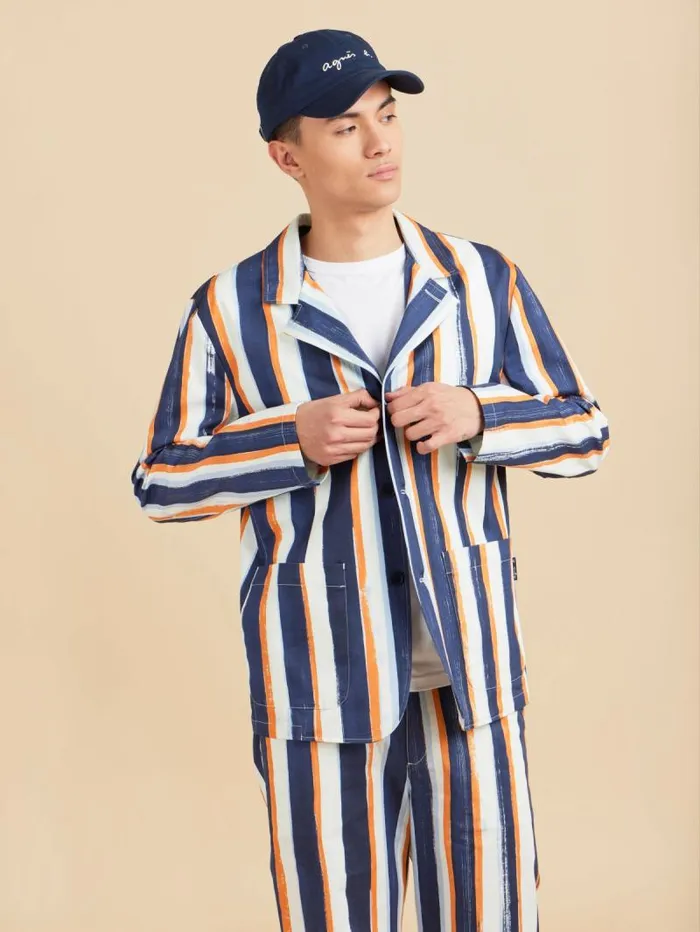 Men Jackets and Coats Agns B Blue Cotton Striped Camisa Jacket