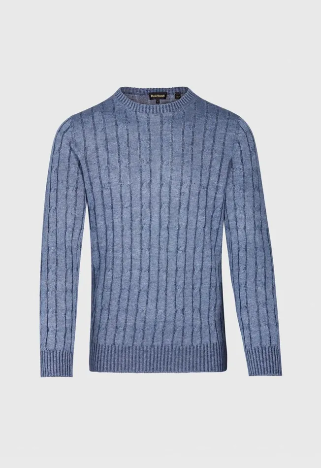 Men Linen Cable Crewneck Sweater Denim Paul Stuart Sweaters