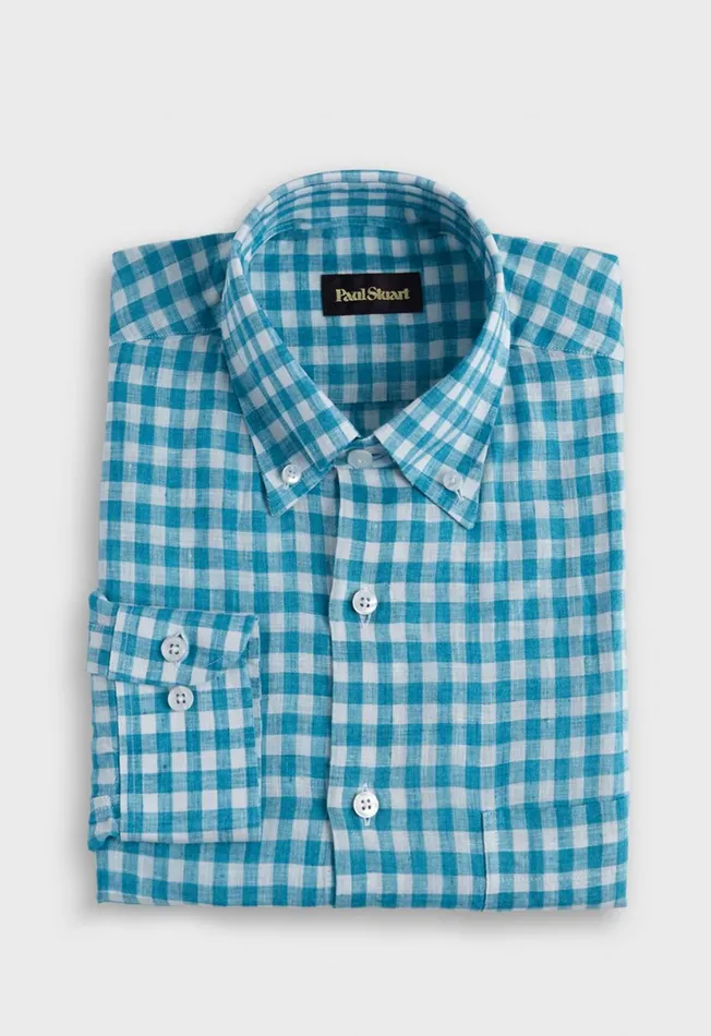 Men Linen Gingham Sport Shirt Crimson Paul Stuart Sport Shirts