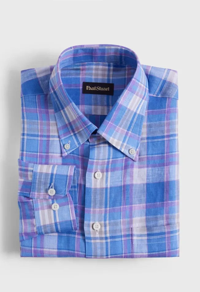 Men Linen Multicolor Plaid Sport Shirt Bluepurple Paul Stuart Sport Shirts