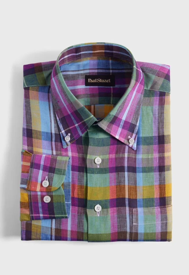 Men Linen Multicolor Plaid Sport Shirt Greenpink Paul Stuart Sport Shirts