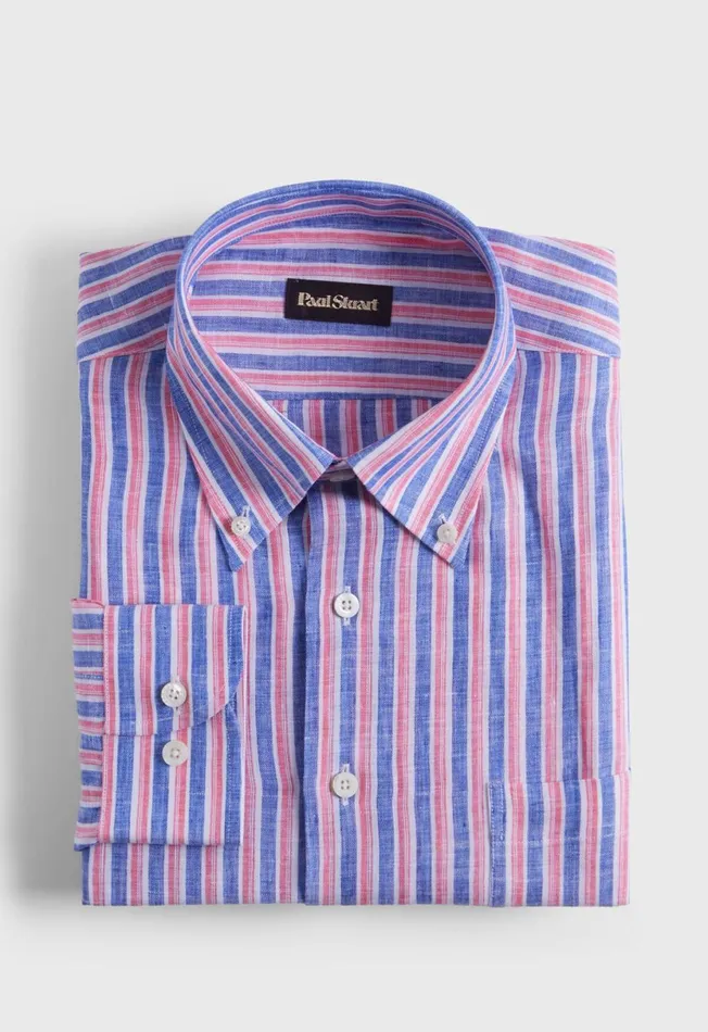 Men Linen Shadow Stripe Sport Shirt Bluered Paul Stuart Sport Shirts