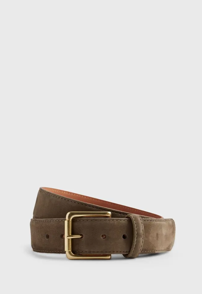 Men Nubuck Calf Suede Belt With Brass Roller Buckle Brown Paul Stuart Accessories