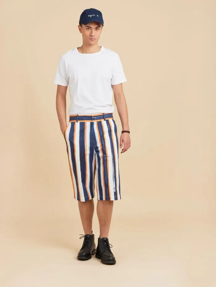 Men Pants Agns B Blue Cotton Vertical Stripes Bermuda Shorts