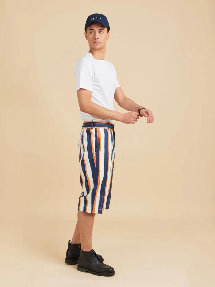 Men Pants Agns B Blue Cotton Vertical Stripes Bermuda Shorts
