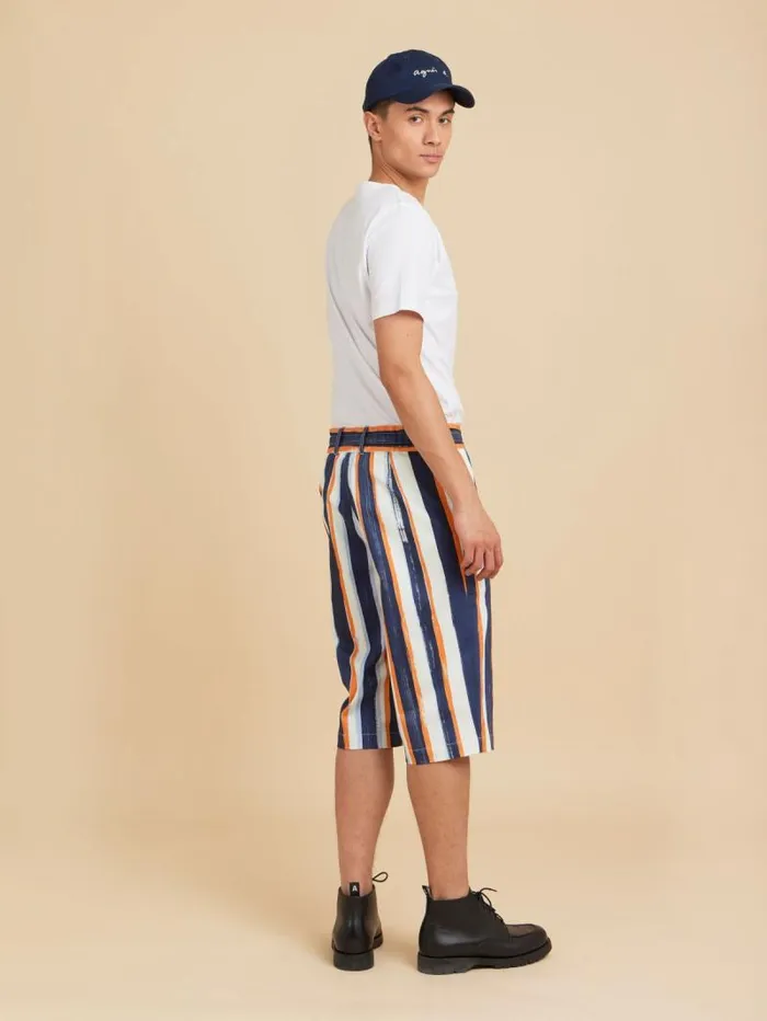 Men Pants Agns B Blue Cotton Vertical Stripes Bermuda Shorts