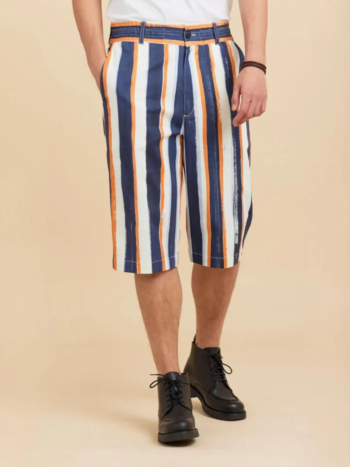 Men Pants Agns B Blue Cotton Vertical Stripes Bermuda Shorts
