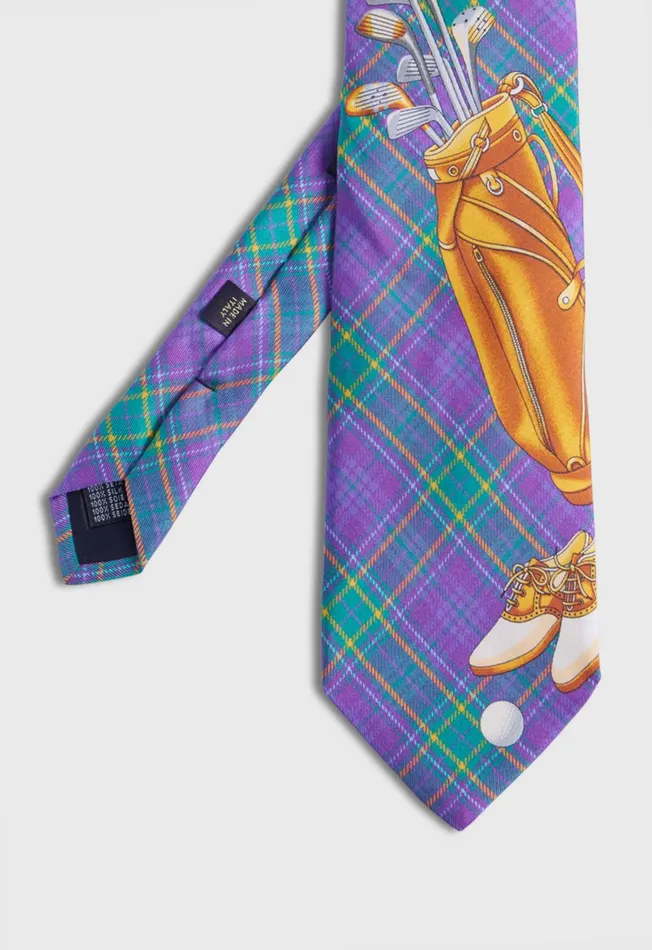 Men Plaid Golf Bag Print Silk Tie Purple Paul Stuart Ties