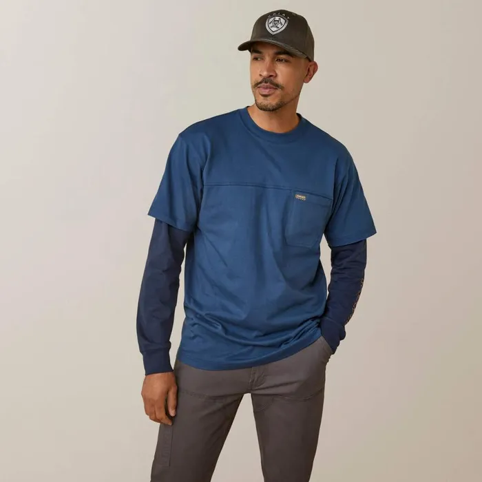 Men Rebar Cotton Strong Dually Blue Wink Teal Navy Ariat TShirts and Polos