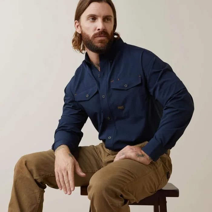 Men Rebar Made Tough VentTEK DuraStretch Work Shirt Navy Ariat Button Down Shirts