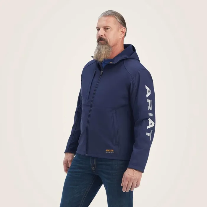 Men Rebar Stretch Canvas Softshell Hooded Logo Jacket Navygrey Ariat Jackets and Vests