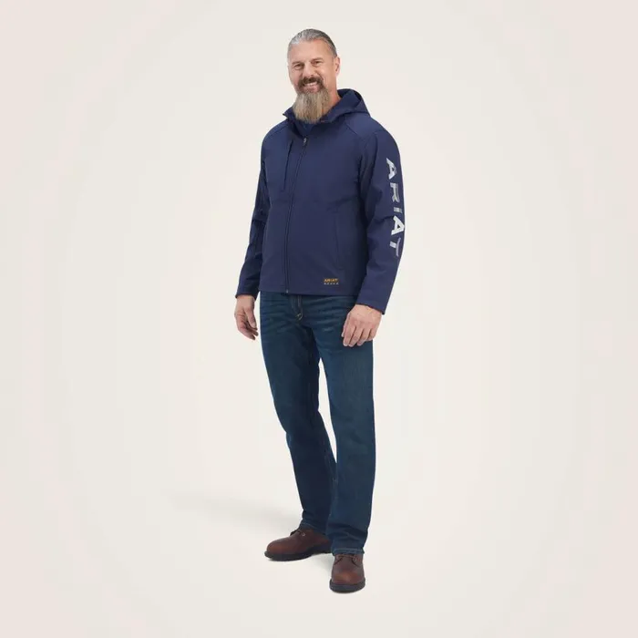 Men Rebar Stretch Canvas Softshell Hooded Logo Jacket Navygrey Ariat Jackets and Vests