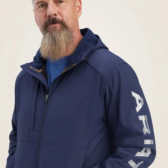 Men Rebar Stretch Canvas Softshell Hooded Logo Jacket Navygrey Ariat Jackets and Vests