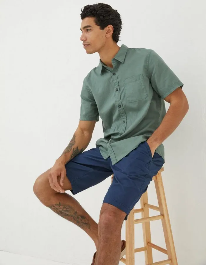 Men Shirts FatFace Bugle Linen Cotton Shirt Green Haze