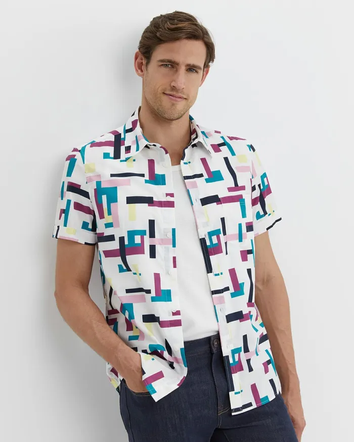 Men Shirts Sportscraft Barnes Short Sleeve Shirt Whitemulti