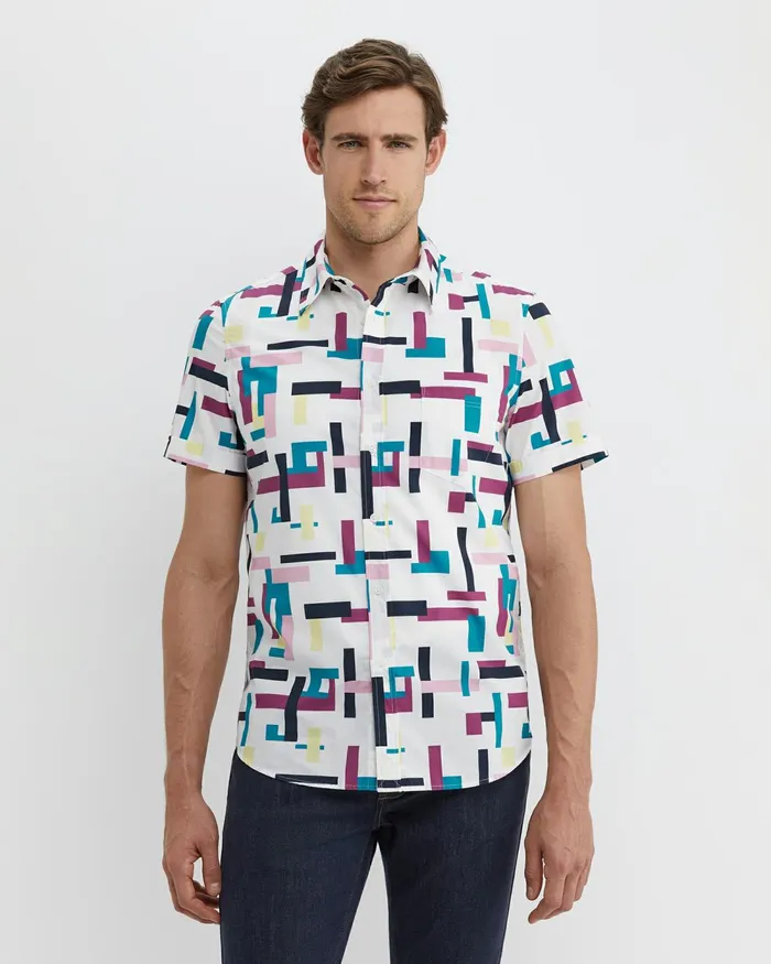 Men Shirts Sportscraft Barnes Short Sleeve Shirt Whitemulti