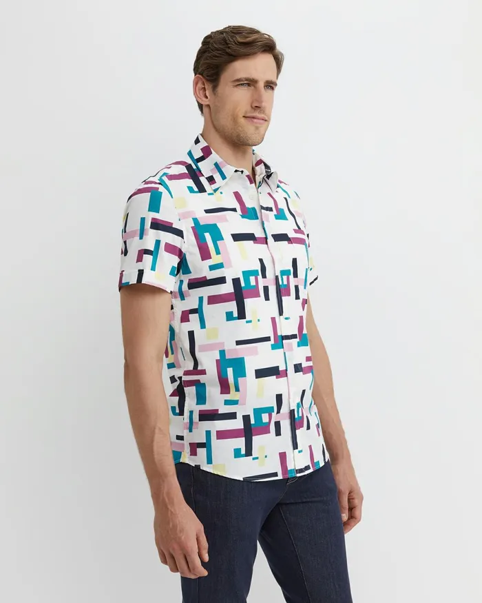 Men Shirts Sportscraft Barnes Short Sleeve Shirt Whitemulti